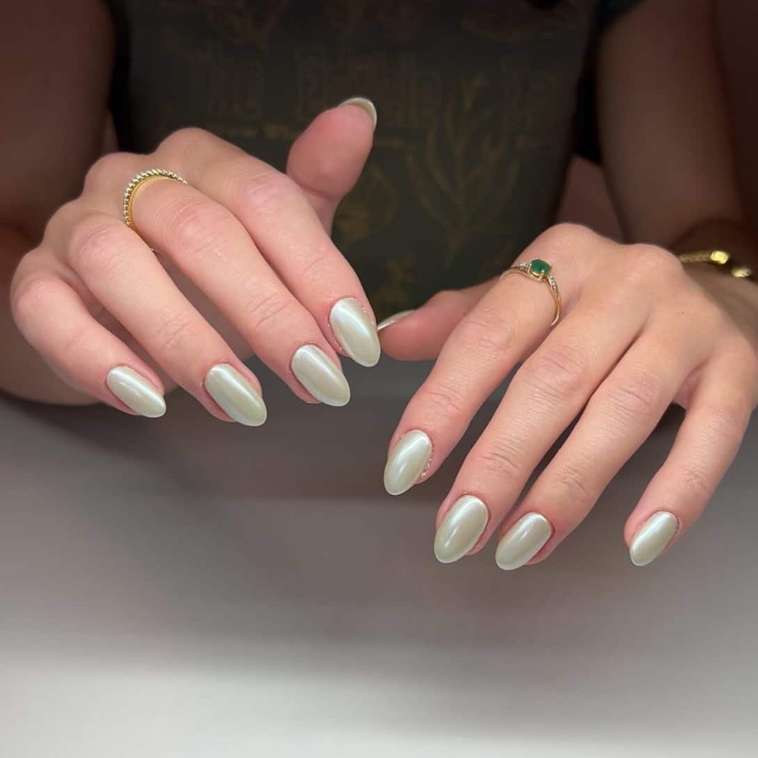 22. Pearlescent Sage Chrome Almond Nails - sage nail ideas