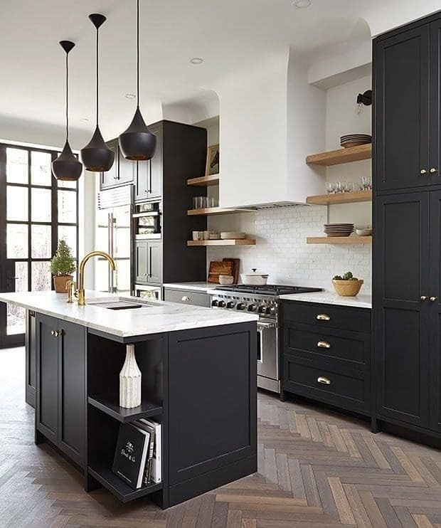 10. Black Cabinet Kitchen with White Island and Open Shelving - white and black kitchen ideas