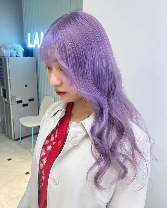 3. Pastel Lavender Long Waves with Fringe - Light Purple Hair Color