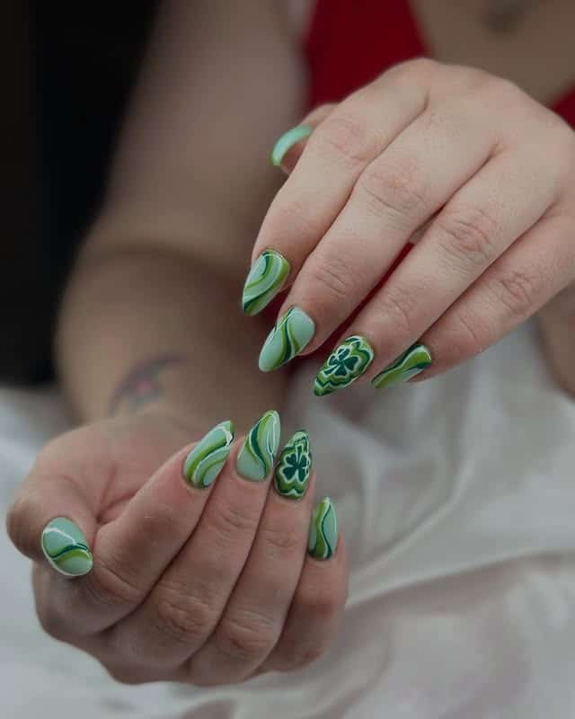 1. Emerald Swirl Almond Nails - saint patrick's day nail ideas