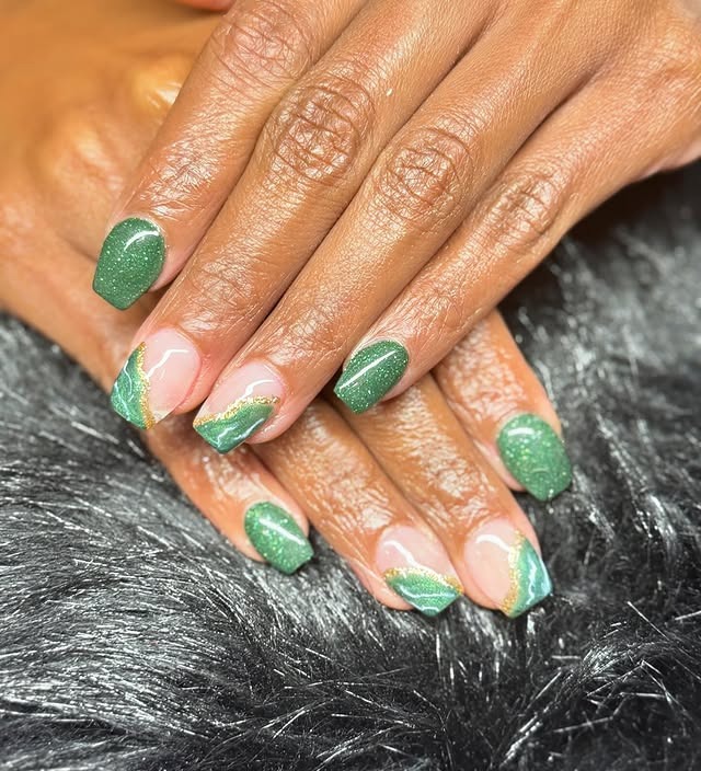 3. Glittered Green French Fade Nails - saint patrick's day nail ideas