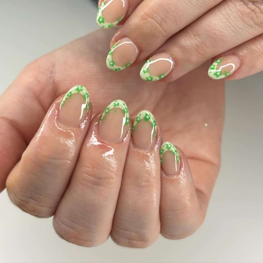 8. Delicate Floral Green Outline Nails - saint patrick's day nail ideas