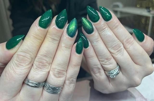 13. Metallic Emerald Cat Eye Almond Nails - saint patrick's day nail ideas