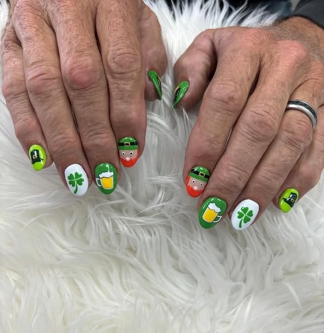 15. Whimsical Leprechaun Art Short Nails - saint patrick's day nail ideas