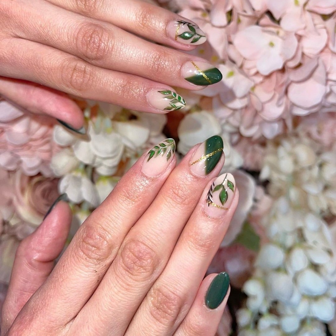 16. Botanical Green Accent Almond Nails - saint patrick's day nail ideas