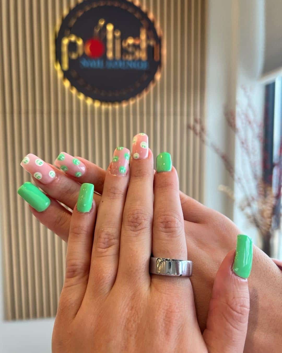 17. Lime Green Gloss and Polka Dot Square Nails - saint patrick's day nail ideas