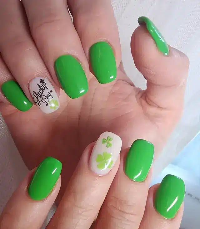 19. Pastel Rainbow and Clover Almond Nails - saint patrick's day nail ideas