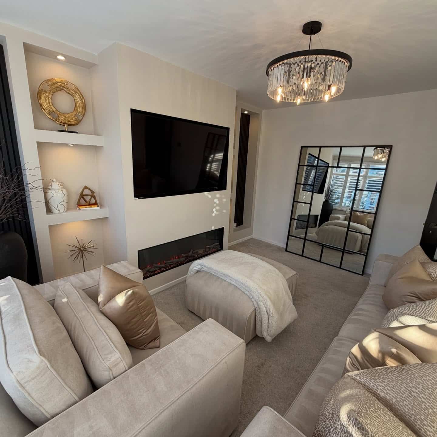 7. Minimal Contemporary Living Room with Linear Fireplace - living room ideas with fireplace