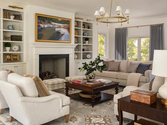 8. Timeless Neutral Living Room with Symmetrical Fireplace Design - living room ideas with fireplace