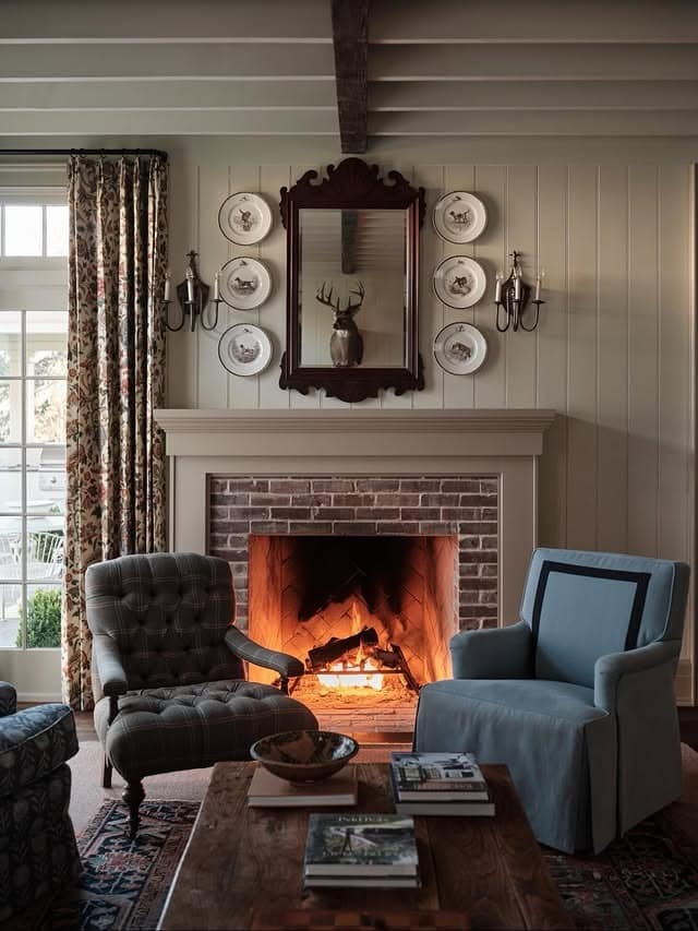 10. Traditional Cozy Living Room with Brick Fireplace and Paneling - living room ideas with fireplace
