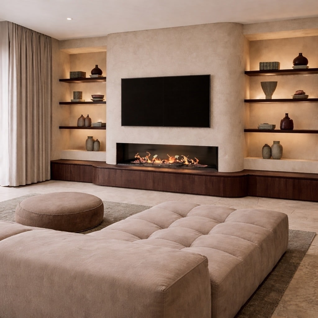 12. Contemporary Beige Living Room with Curved Fireplace Wall - living room ideas with fireplace