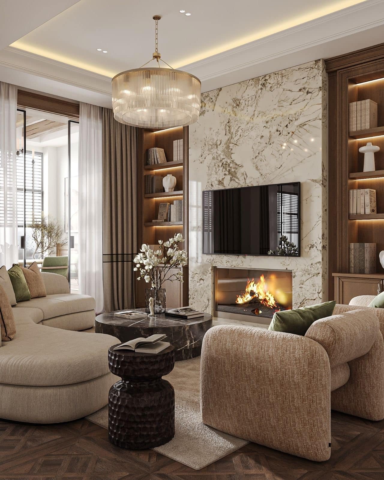13. Elegant Marble Fireplace Living Room with Warm Neutrals and Brass Accents - living room ideas with fireplace