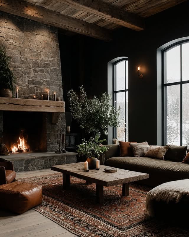 15. Moody Rustic Living Room with Dark Walls and Stone Fireplace - living room ideas with fireplace