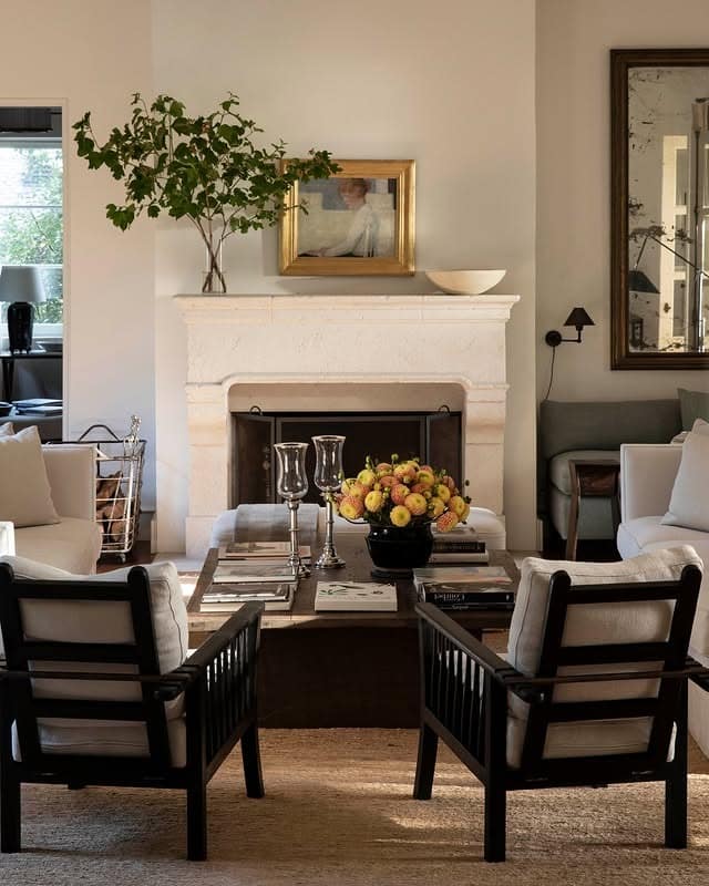 17. Classic Neutral Living Room with Traditional Fireplace Styling - living room ideas with fireplace