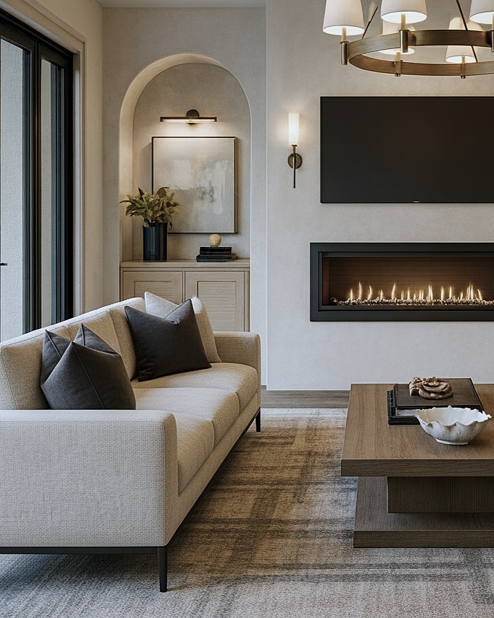 18. Minimal Modern Living Room with Linear Fireplace and Soft Gray Palette - living room ideas with fireplace