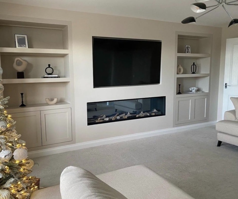 20. Clean Contemporary Living Room with Built-In Fireplace Wall and Neutral Tones - living room ideas with fireplace