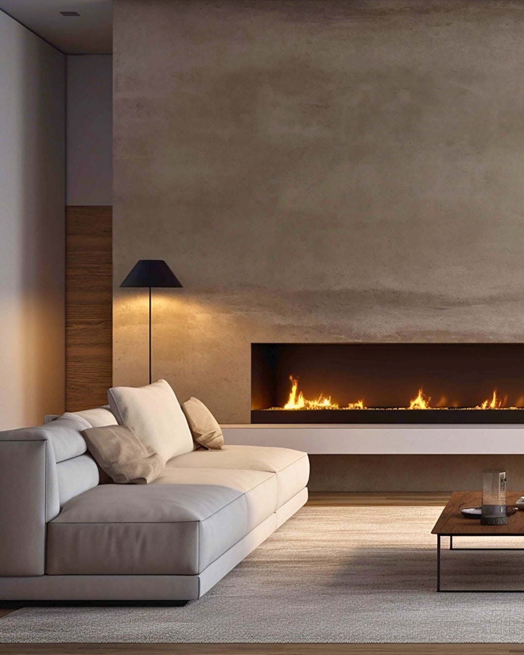 22. Minimalist Beige Living Room with Linear Fireplace and Textured Wall - living room ideas with fireplace