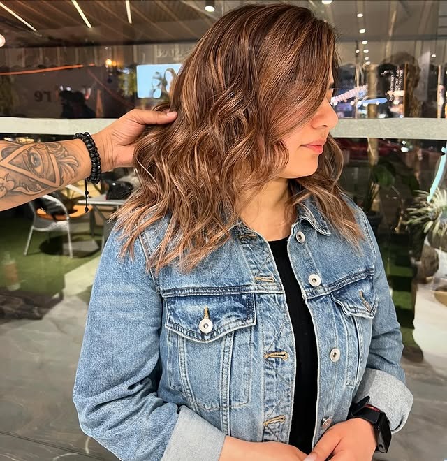 14. Caramel Brown Layered Lob with Soft Waves - Cool Brown Hair Color