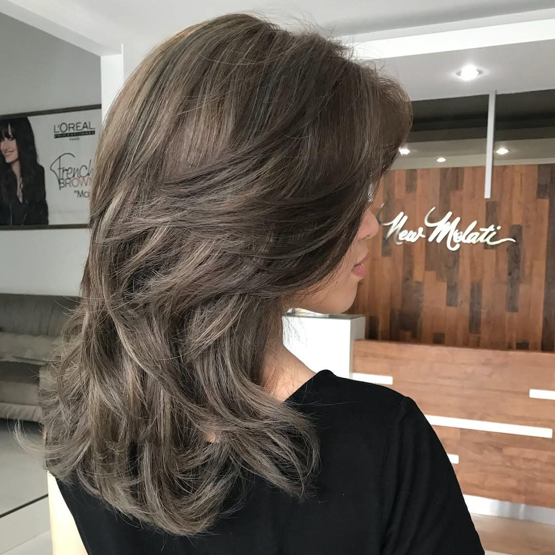 18. Mushroom Brown Feathered Layers - Cool Brown Hair Color