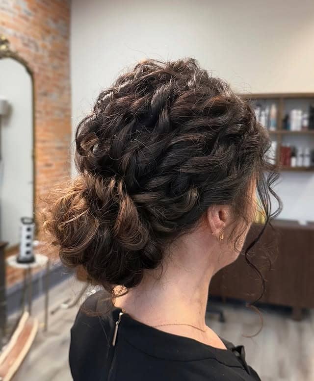 9. Romantic Brunette Braided Updo with Soft Texture - Updo Hairstyles