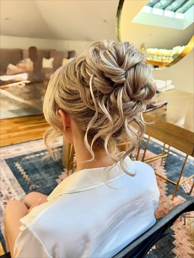 14. Voluminous Champagne Blonde Curled Updo - Updo Hairstyles
