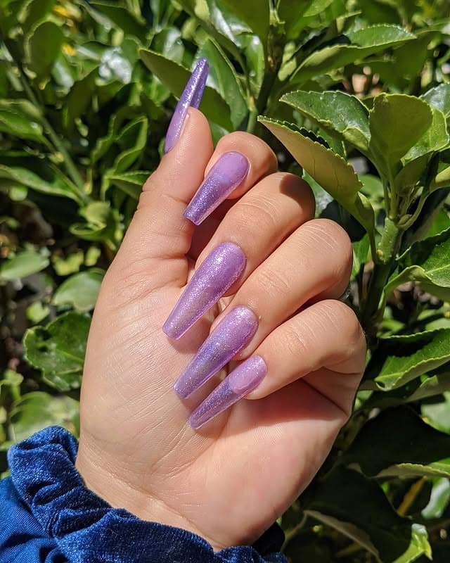 2. Shimmer Lilac Coffin Nails - short purple nail ideas