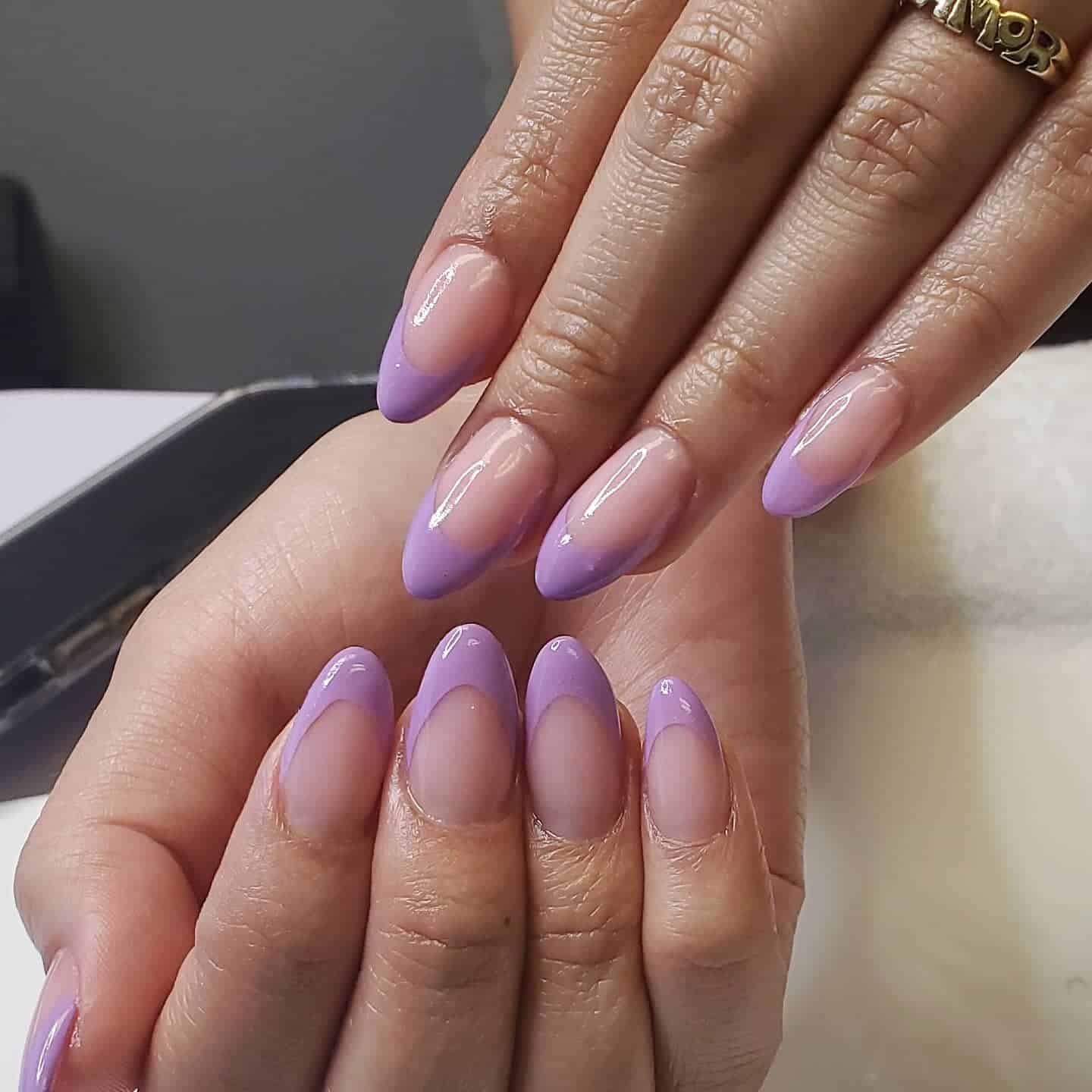 3. Soft Purple French Almond Nails - short purple nail ideas