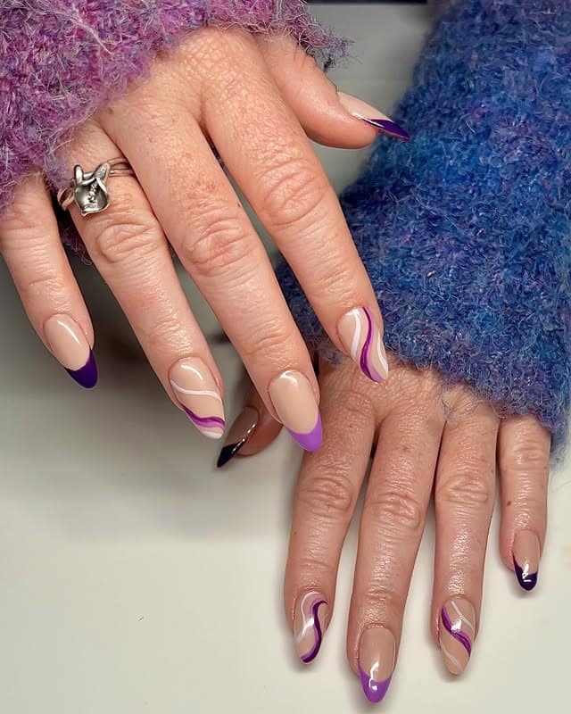 11. Purple Wave French Almond Nails - short purple nail ideas