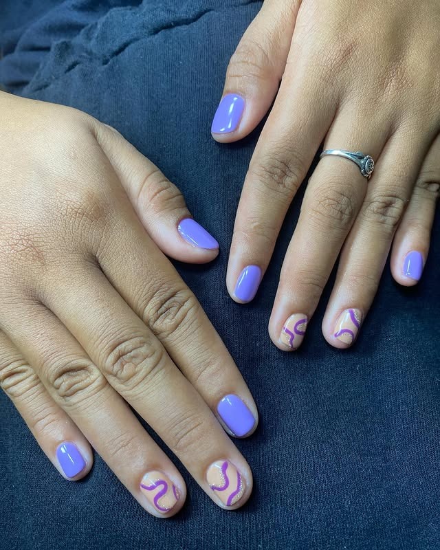 15. Minimal Lilac Short Nails with Abstract Lines - short purple nail ideas