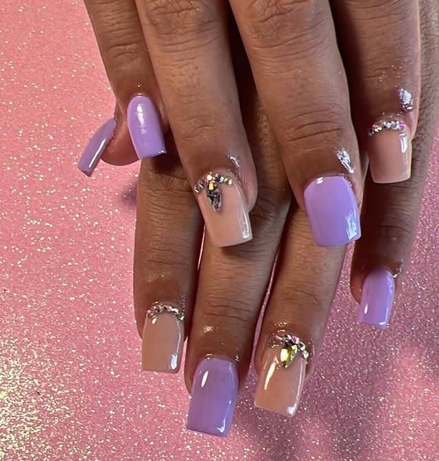 19. Lilac and Nude Short Square Nails with Crystal Accents - short purple nail ideas