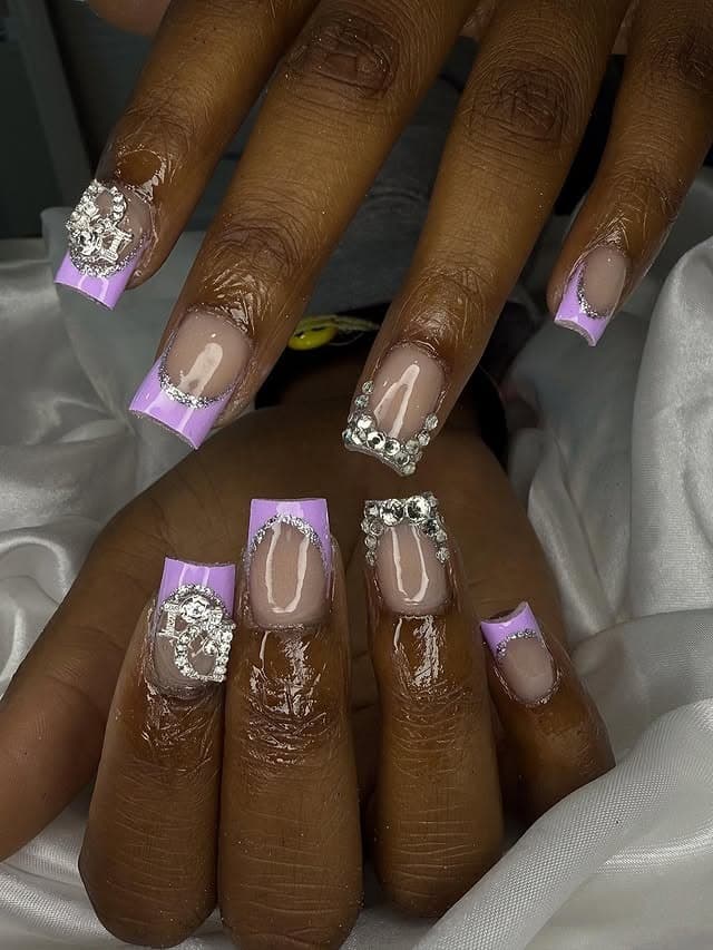 21. Lavender French Square Nails with Crystal Embellishments - short purple nail ideas