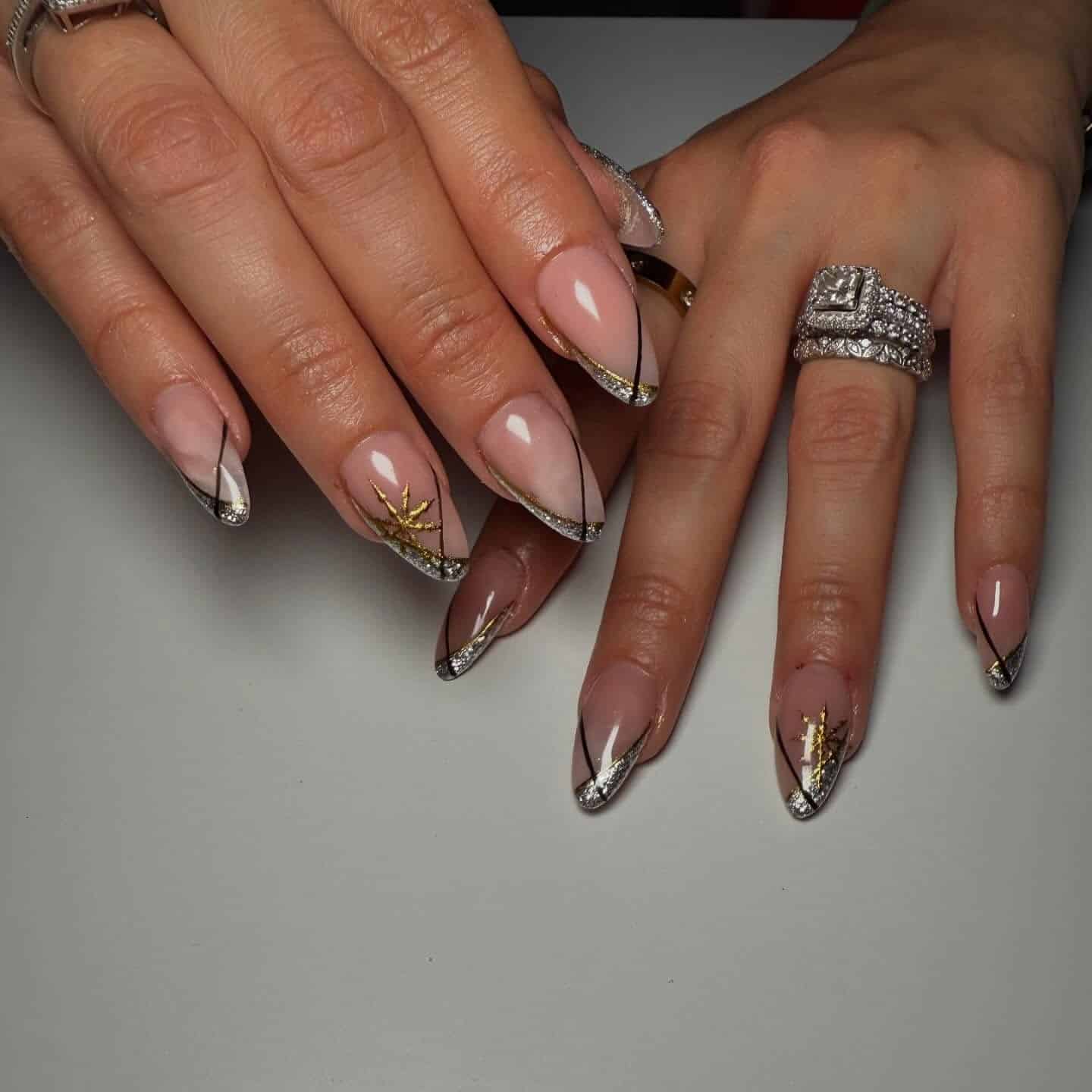 13. Diagonal French Tips with Silver and Gold Detailing - silver and gold nail ideas