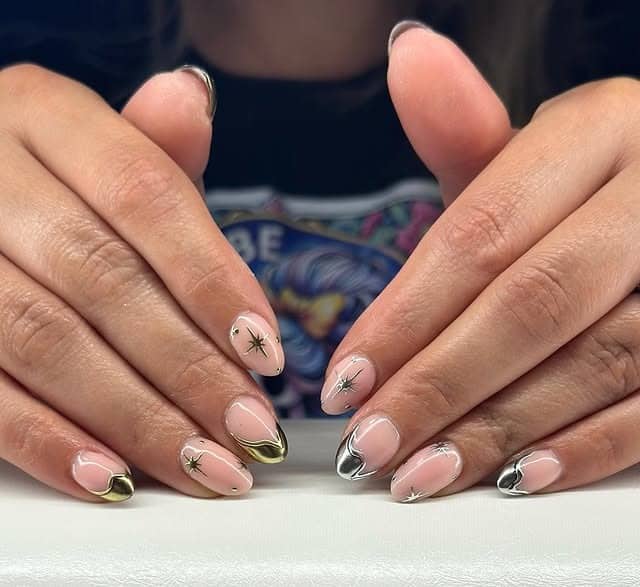14. Soft Nude Nails with Gold and Silver Micro Tips - silver and gold nail ideas