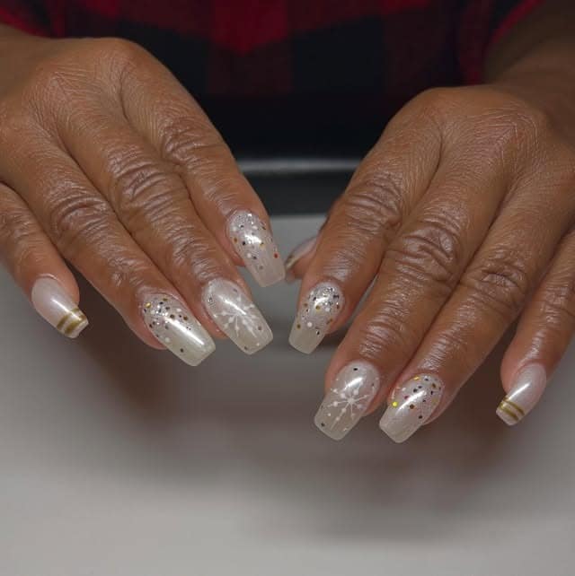 16. Milky White Coffin Nails with Gold Foil and Glitter Specks - silver and gold nail ideas