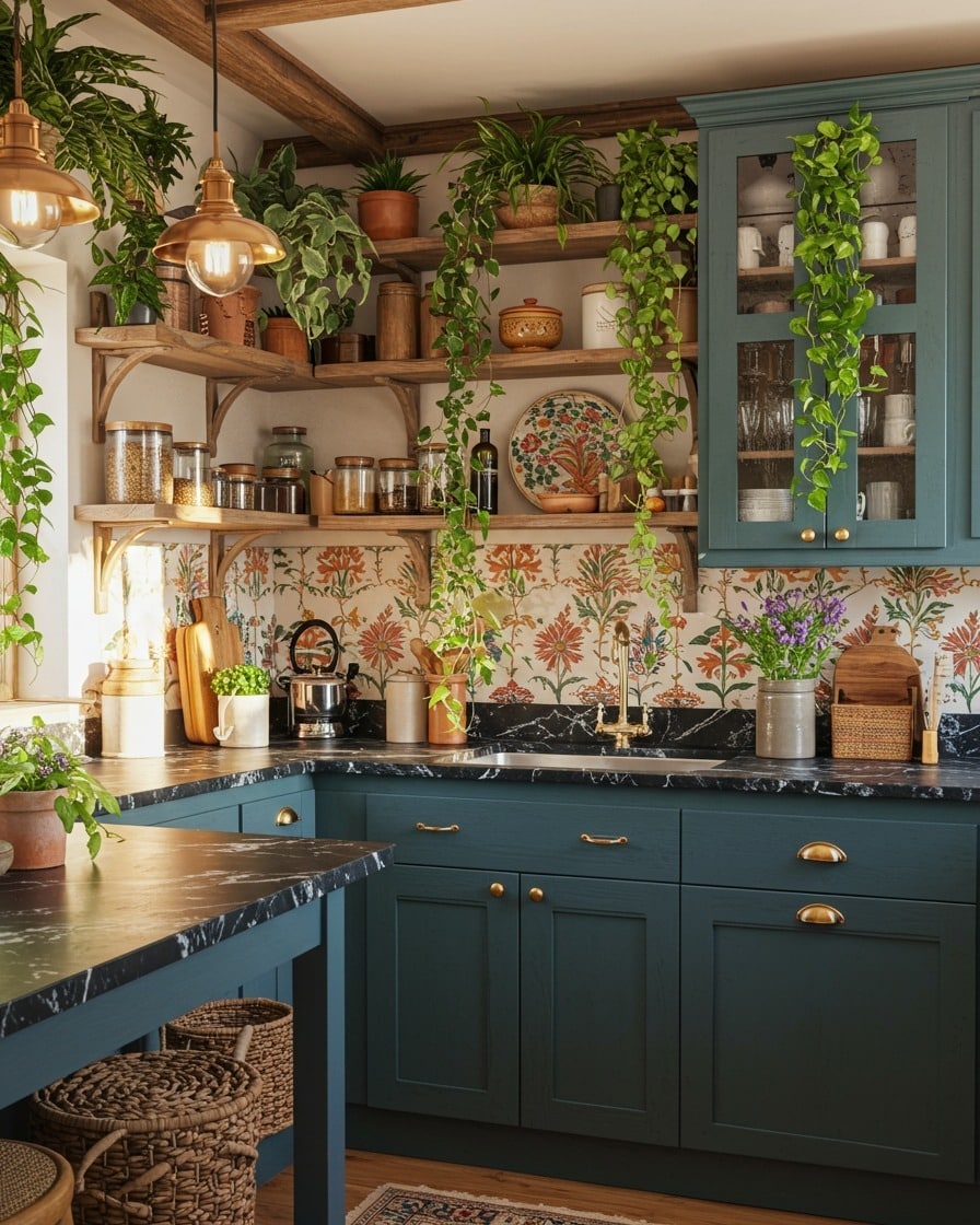 1. Botanical Boho Kitchen with Deep Teal Cabinets - boho kitchen ideas