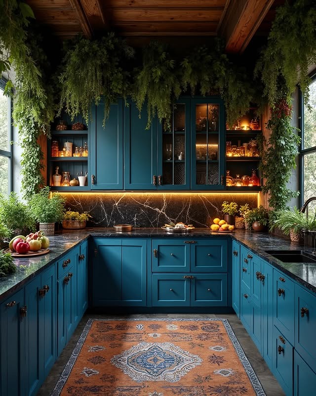 2. Moody Forest-Inspired Kitchen with Emerald Cabinetry - boho kitchen ideas