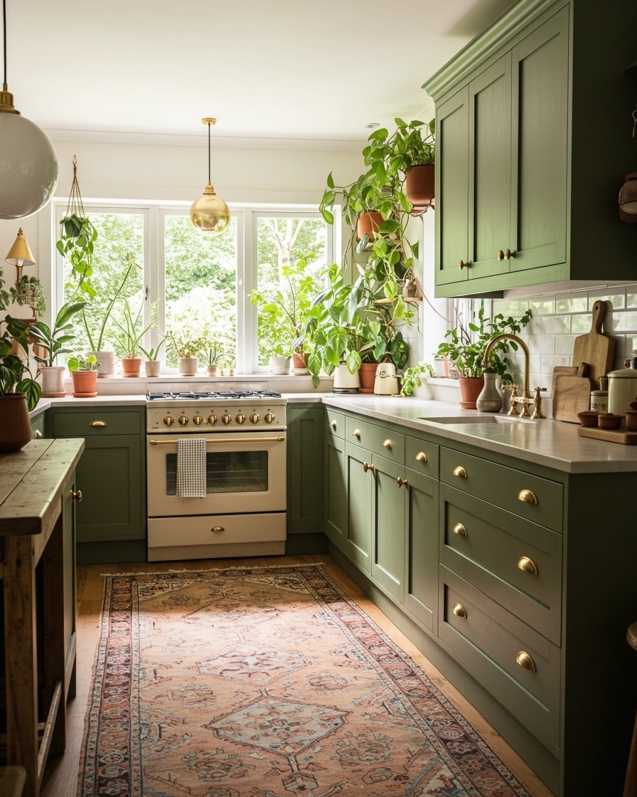 4. Vintage Green Kitchen with Brass Details and Garden Views - boho kitchen ideas