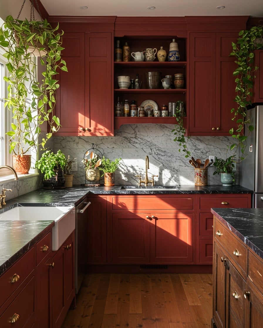 5. Rustic Terracotta Kitchen with Marble and Brass Touches - boho kitchen ideas