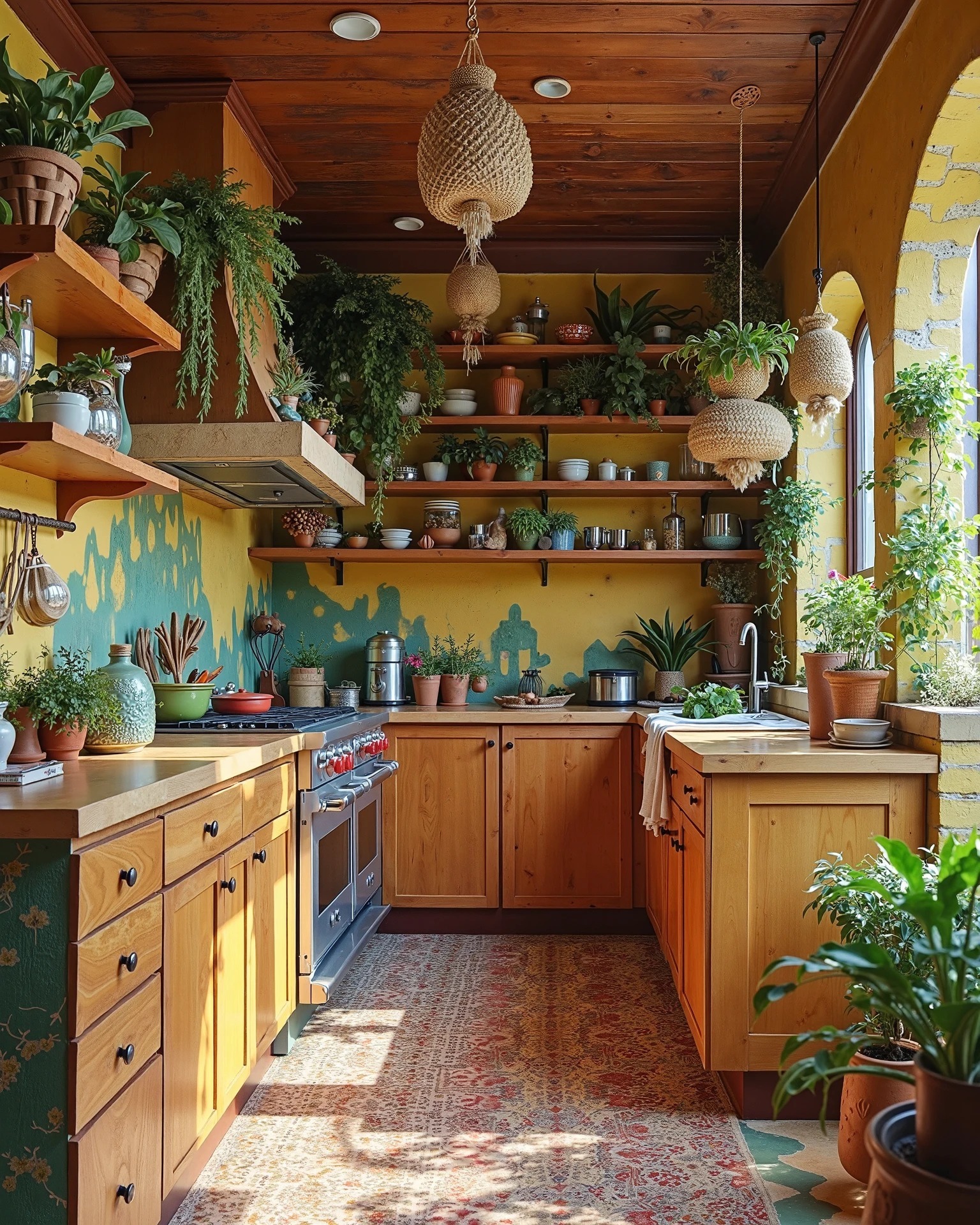 6. Sunlit Boho Kitchen with Warm Wood and Golden Tones - boho kitchen ideas