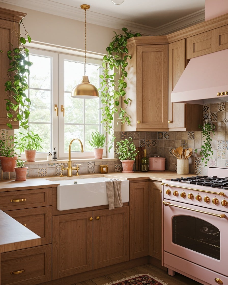8. Warm Wood Kitchen with Soft Blush Accents and Vintage Charm - boho kitchen ideas