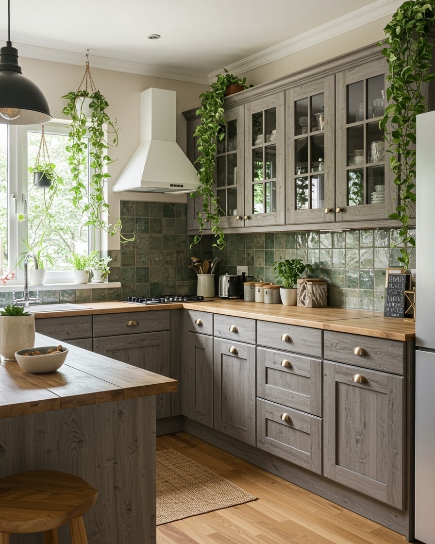 9. Earthy Neutral Kitchen with Textured Wood and Green Tile Backsplash - boho kitchen ideas