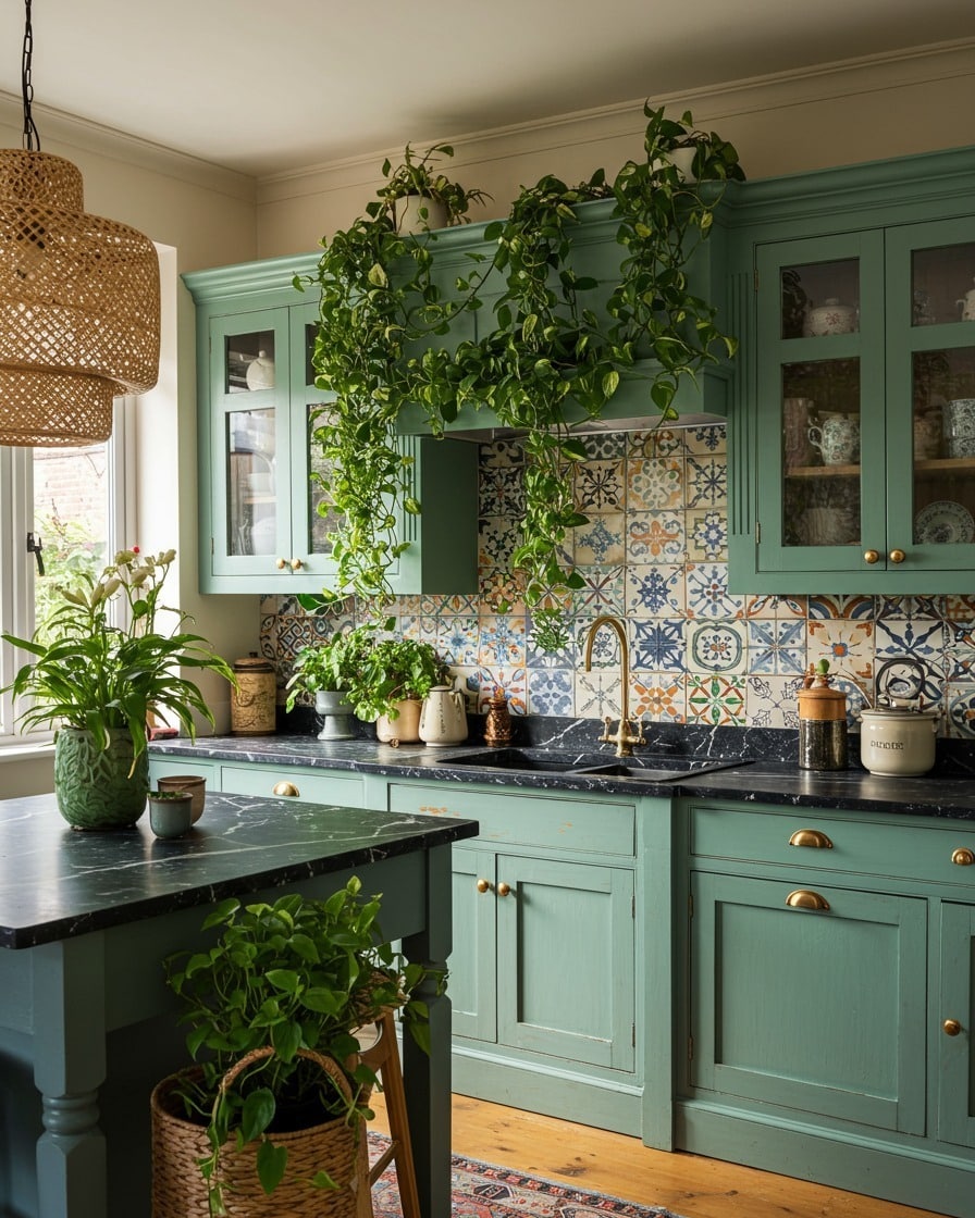 10. Classic Boho Kitchen with Sage Cabinets and Patterned Tile Backsplash - boho kitchen ideas