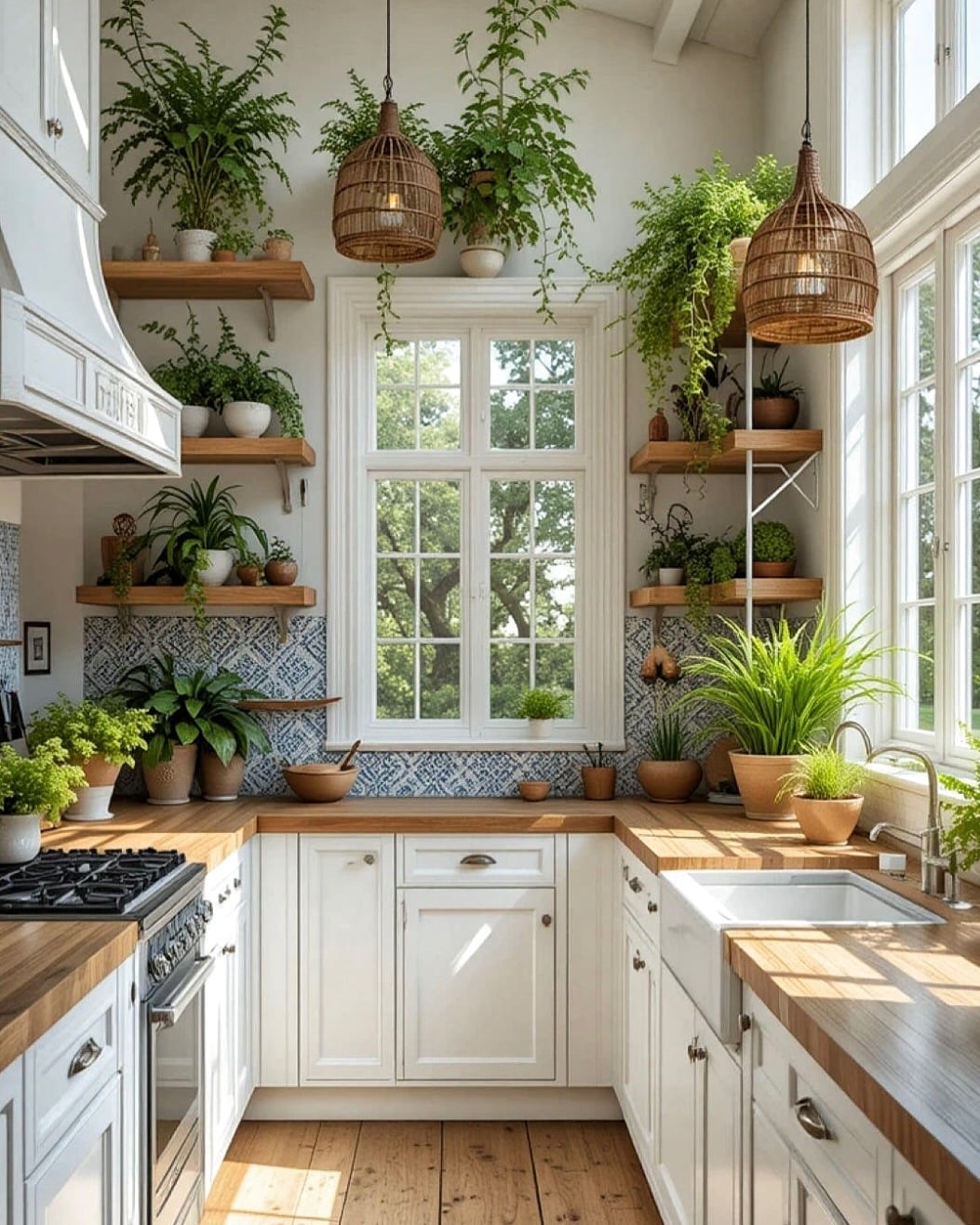 11. Light-Filled Boho Kitchen with White Cabinets and Natural Wood - boho kitchen ideas