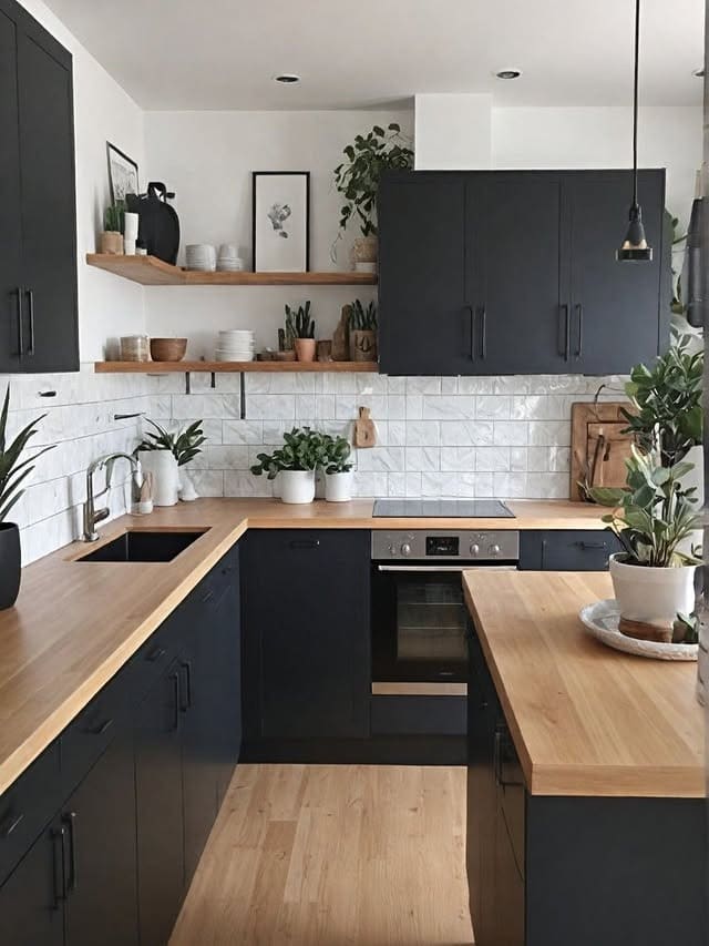 12. Modern Boho Kitchen with Matte Black Cabinets and Wood Accents - boho kitchen ideas