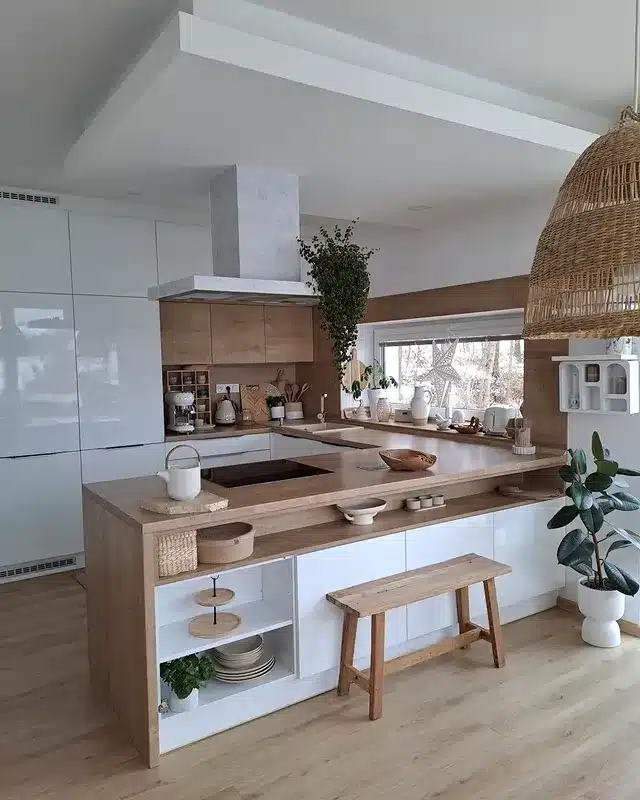 14. Scandinavian Boho Kitchen with Soft Wood and White Finishes - boho kitchen ideas