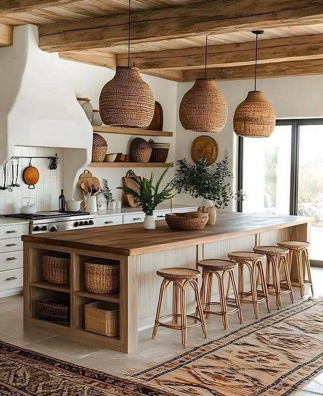 15. Rustic Boho Kitchen with Exposed Wood Beams and Woven Textures - boho kitchen ideas