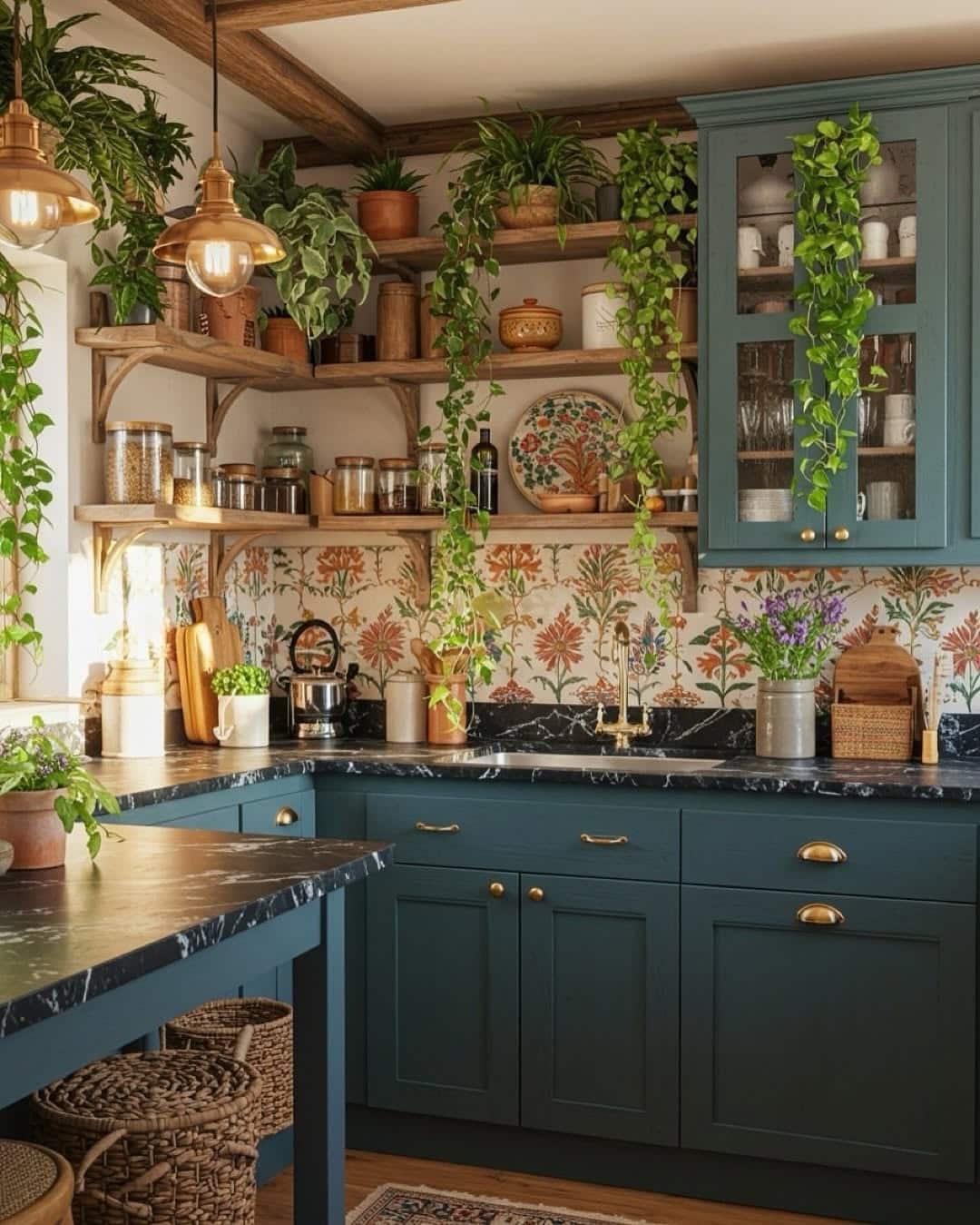 17. Eclectic Teal Kitchen with Botanical Styling and Patterned Backsplash - boho kitchen ideas