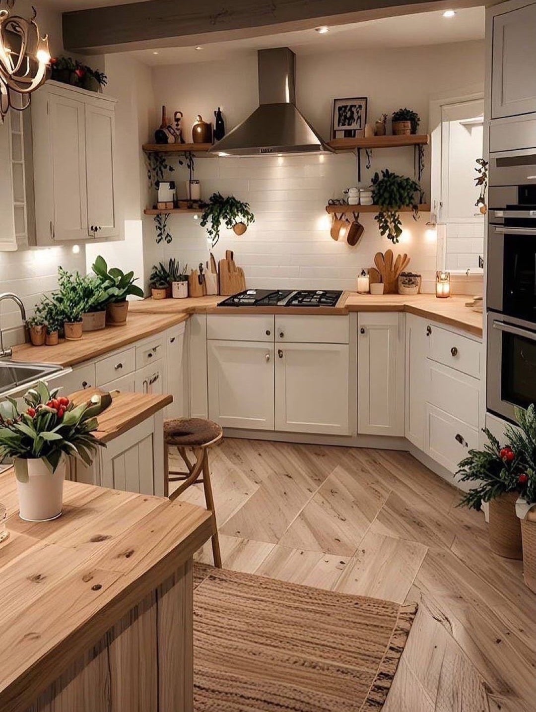 19. Warm Farmhouse Boho Kitchen with Cream Cabinets and Soft Lighting - boho kitchen ideas