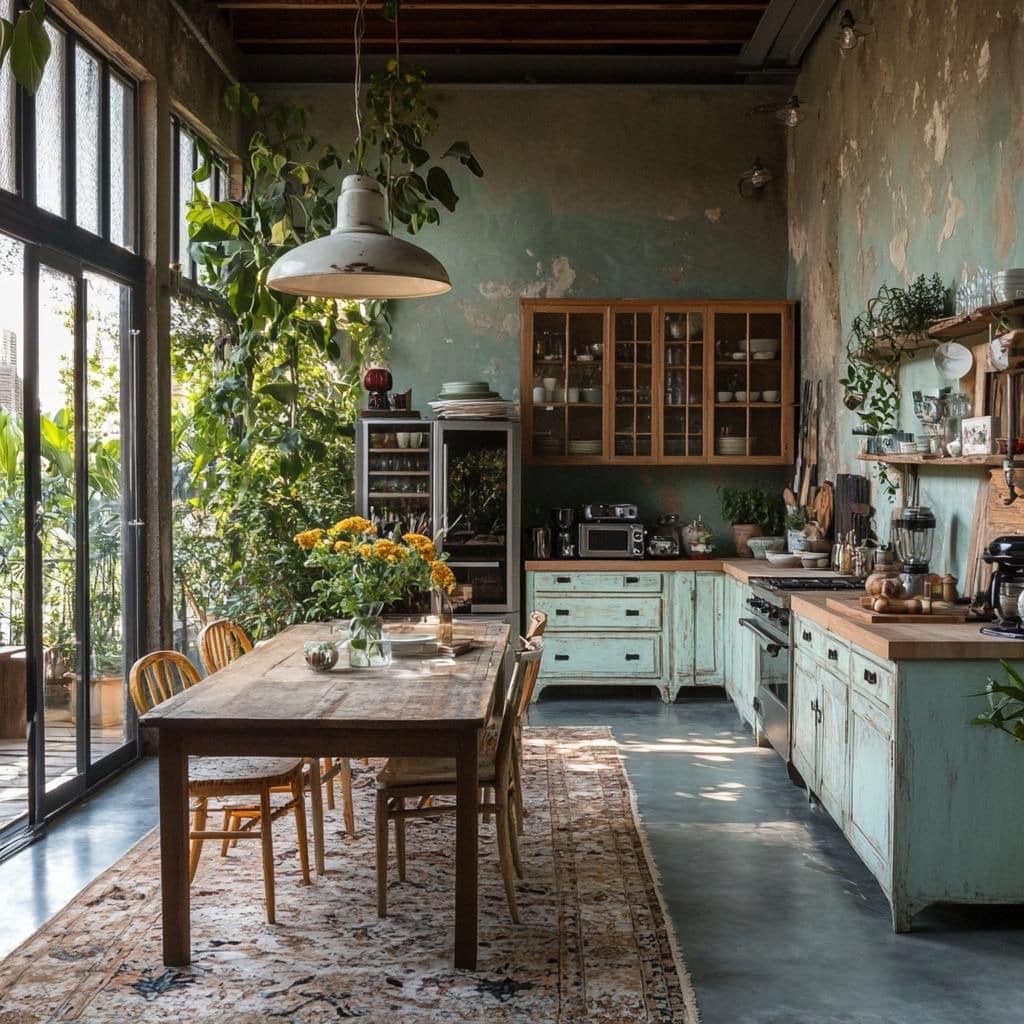 20. Vintage Boho Kitchen with Distressed Green Cabinets and Natural Light - boho kitchen ideas