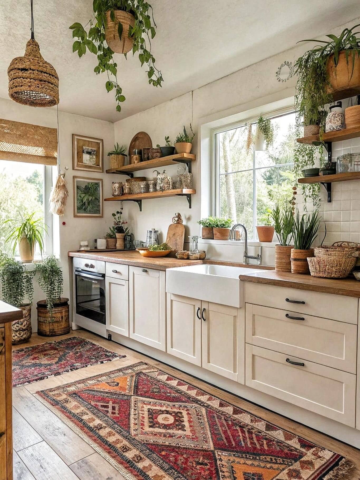 22. Light Neutral Boho Kitchen with Cream Cabinets and Layered Textiles - boho kitchen ideas